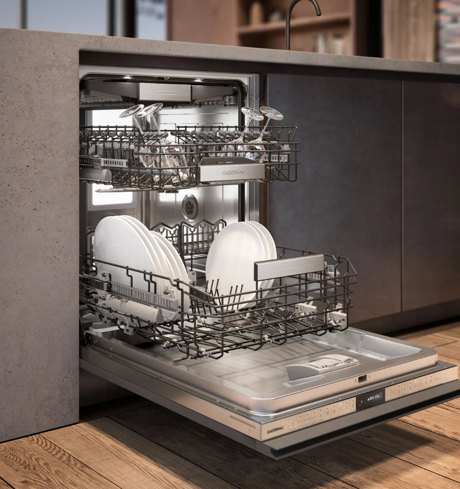 Contemporary kitchen featuring a Gaggenau built-in dishwasher