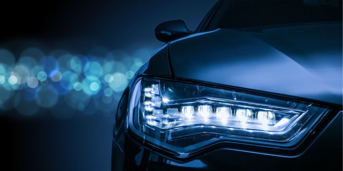 Black car with LED headlights on dark background