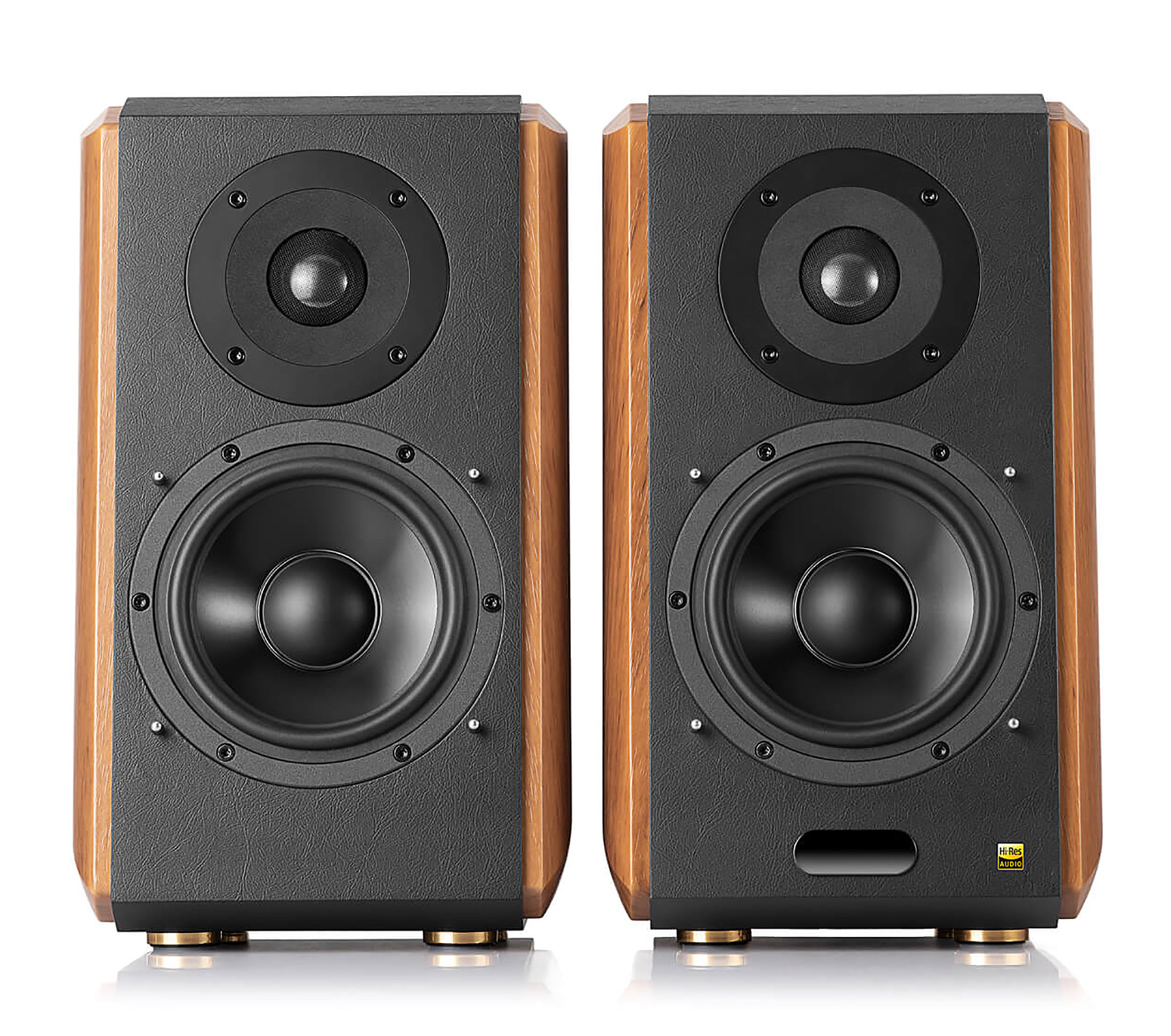 Walnut Edifier Bookshelf Speakers without the Front Cover

