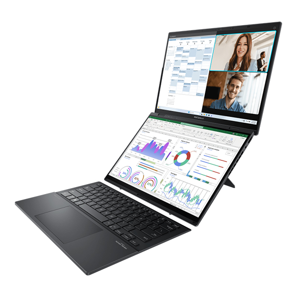 The ASUS Zenbook DUO laptop dual screens open, one displaying graphs and the other displaying a video call