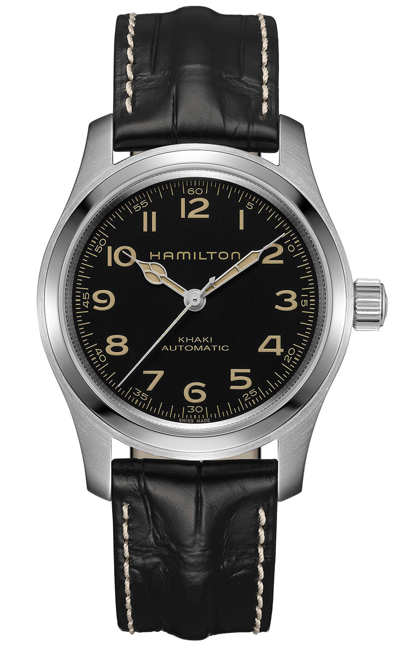 View of Hamilton Watch with Black Leather Strap