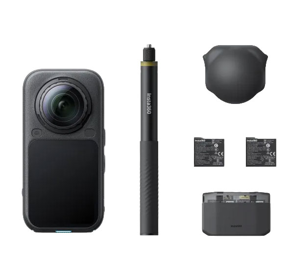 Front View Of The Insta360 X6 Action Camera In Black Finish Essentials Bundle