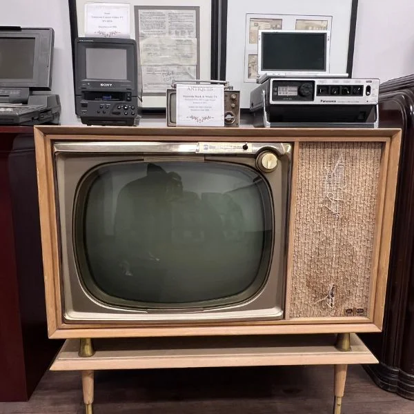A black and white Motorola TV in the historical electronics and appliances museum at Abt