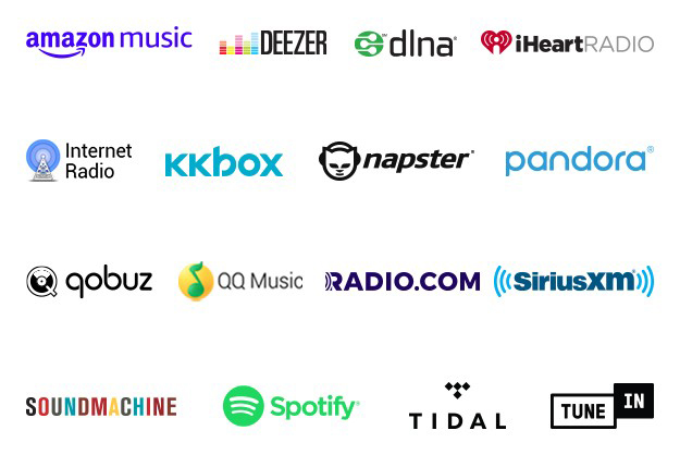 Logos of Music Streaming Services that feature DTS Play-Fi&reg; including: amazon music, DEEZER, dlna, iHeartRadio, Internet Radio, kkbox, napster, pandora, qobuz, QQ Music, Radio.com, Sirius XM, SOUNDMACHINE, Spotify, TIDAL, TUNE IN