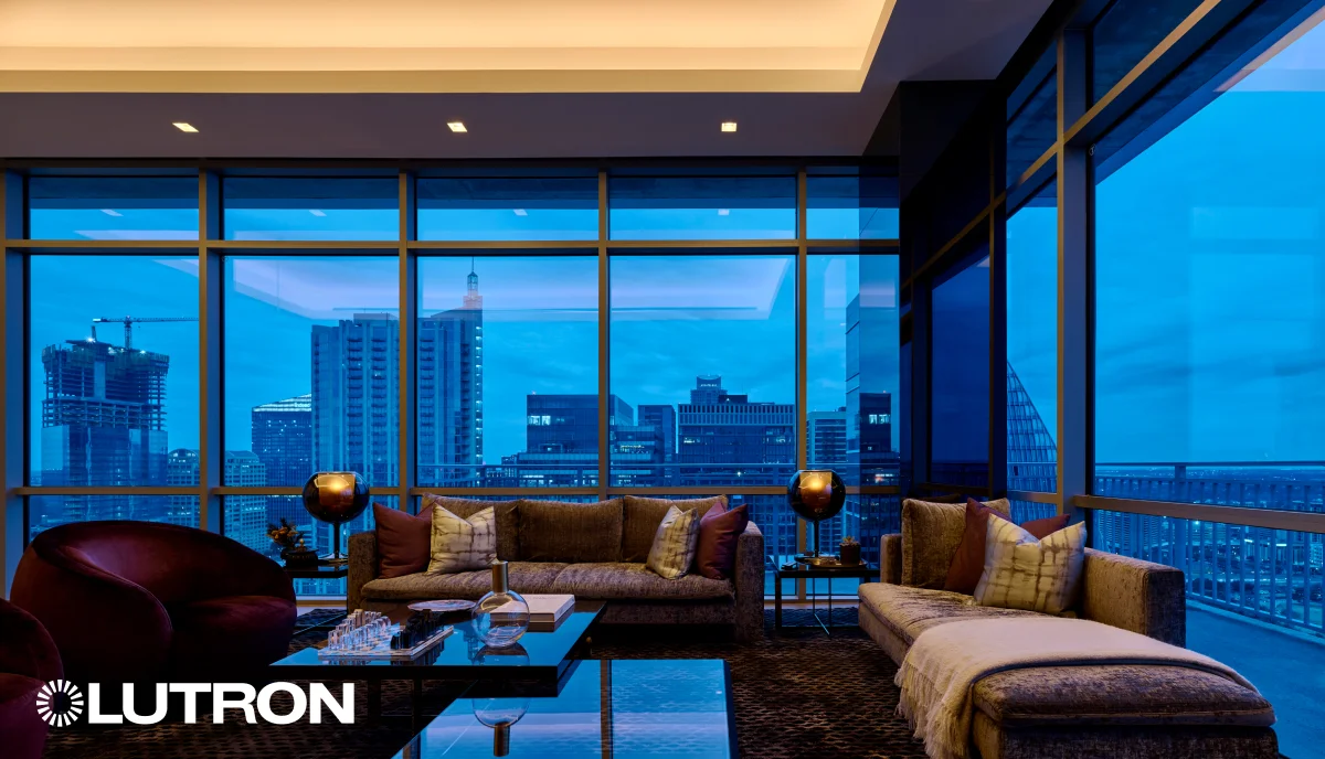 Lutron intelligent lighting illuminating a modern living room