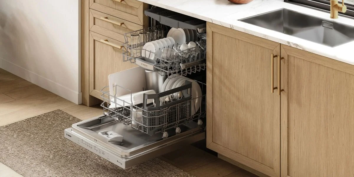 A Bosch 800 Series dishwasher fully loaded with newly clean dishes.