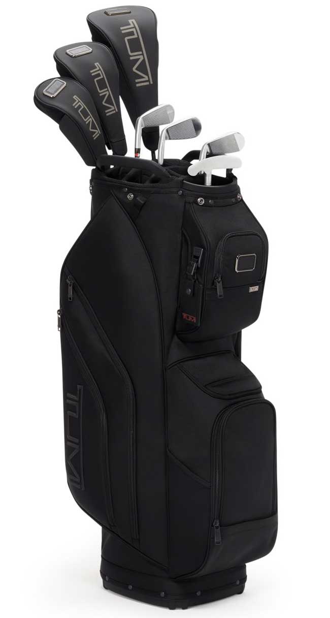 View of tumi golf cart bag with clubs

