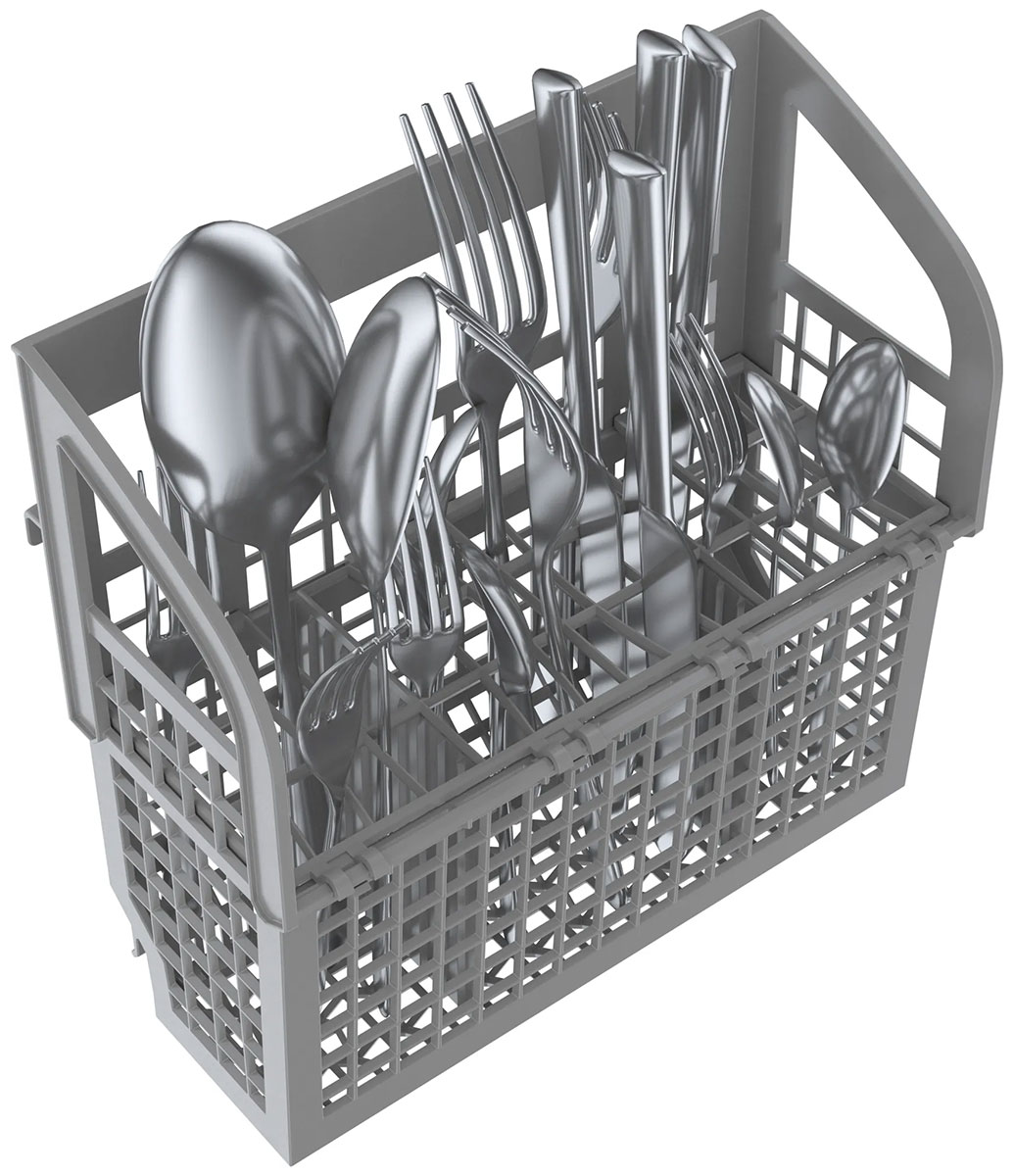 Angle view of filled utensil basket.