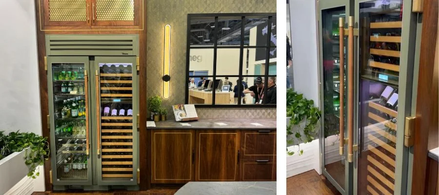 The evergreen True Residential wine cooler made with wood shelving and handles