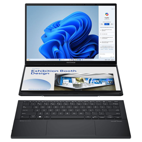 The ASUS Zenbook DUO laptop dual screens open