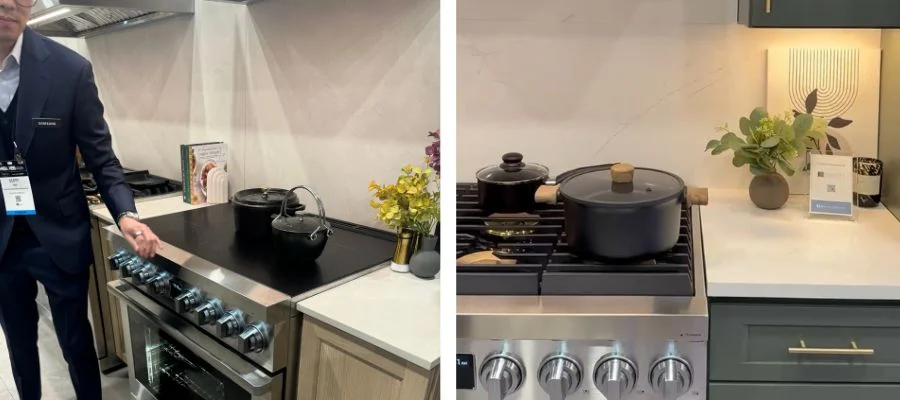 2025's Dacor induction range on the left, with an image of a gas range on the right