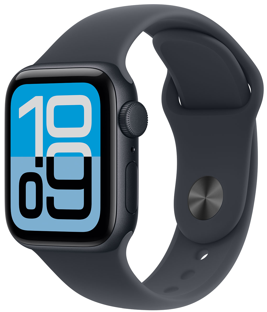 Angled view of Apple Watch SE 3 GPS 40mm in Midnight with M/L Band