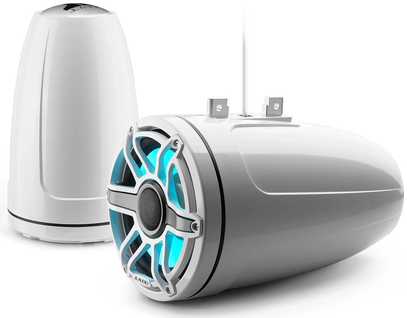 Front view of JL Audio M6 Series 8 tower speaker in white finish