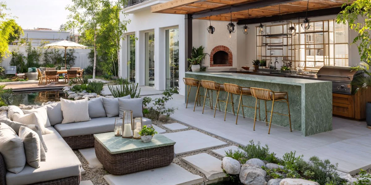 Outdoor kitchen with stainless steel grill, brick pizza oven and green marble island.