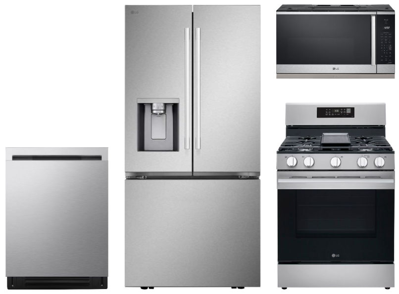 Front View of Stainless 4-Door Refrigerator, Range, Microhood and Dishwasher