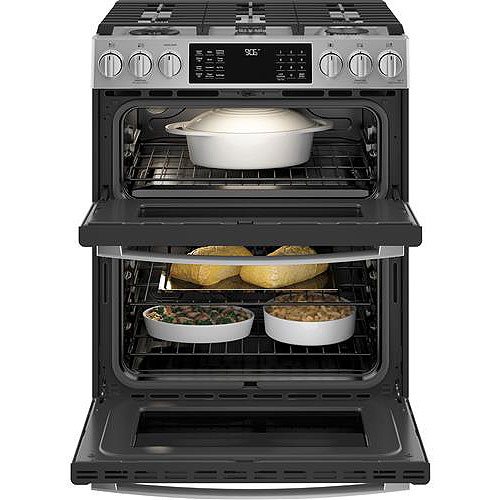 Open Food View of GE Profile 30" Slide-In Double Oven Gas Range