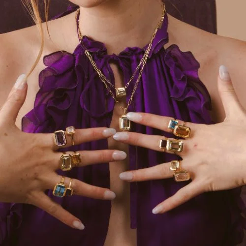 Tight shot on a persons hand with Goshwara Rings on each finger