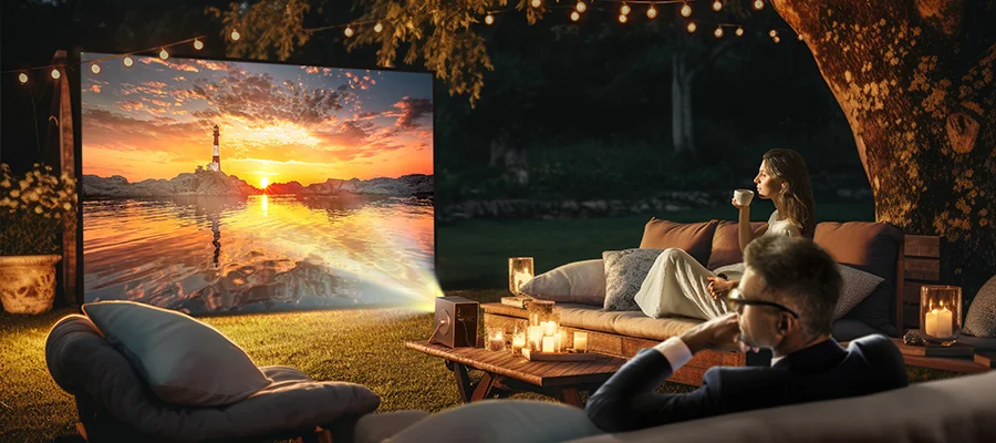 A couple sitting outside on outdoor sofas watching content that's being projected from the LG CineBeam Q