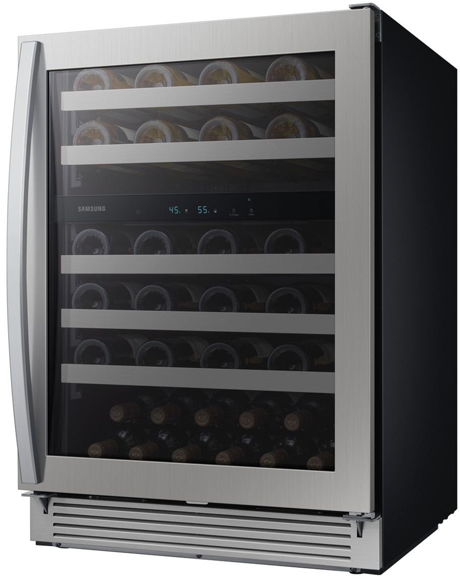 Right-angle view of cooler with door closed and wine bottles inside.