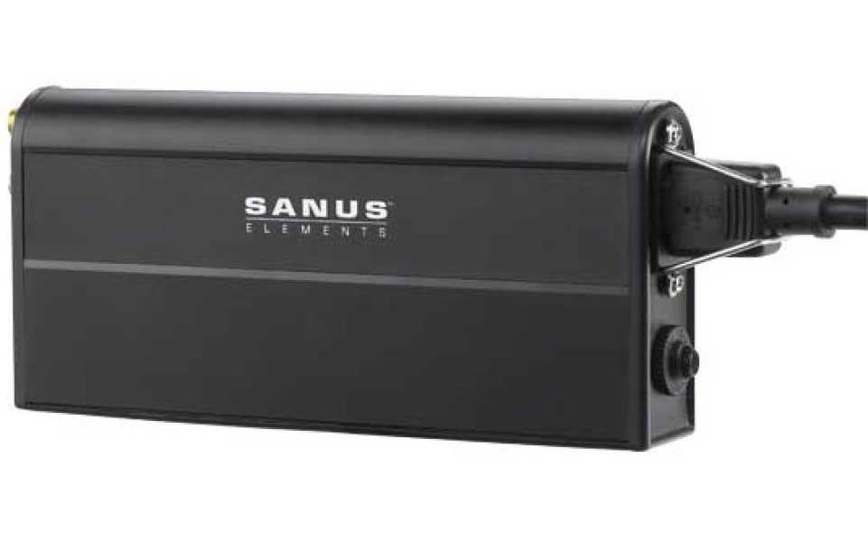 Dynamic Right View Of The Sanus Surge Protector And Power Conditioner For Select Sanus Wall Mounts in Black Finish