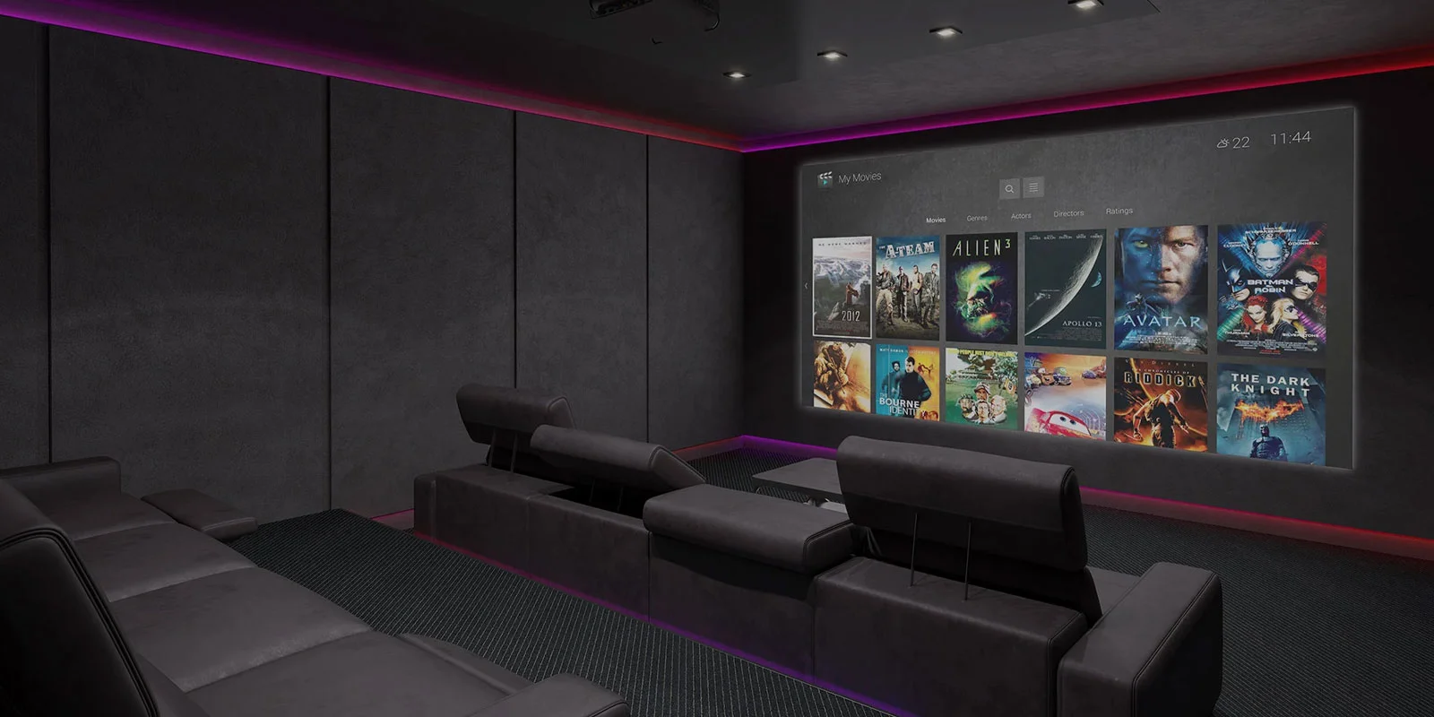 Custom home theater with large screen and cinematic seating
