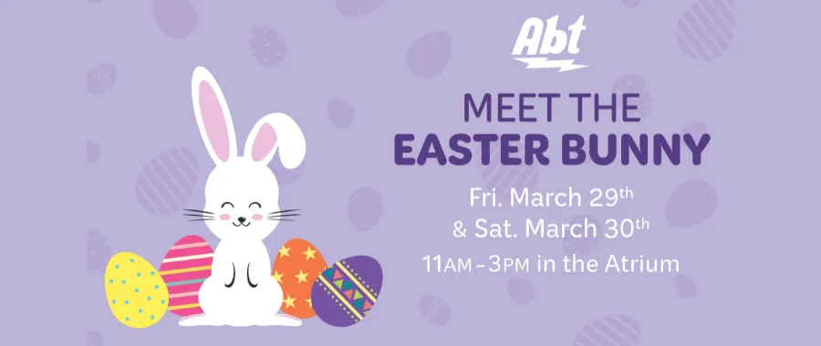 A purple background with a white button and multi-colored Easter eggs around it, advertising Abt's Easter Bunny pictures event.