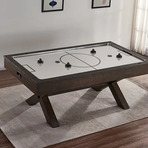 An Air Hockey Table in a modern room setting atop a grey rug