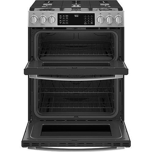 Open Door View of GE Profile 30" Slide-In Double Oven Gas Range