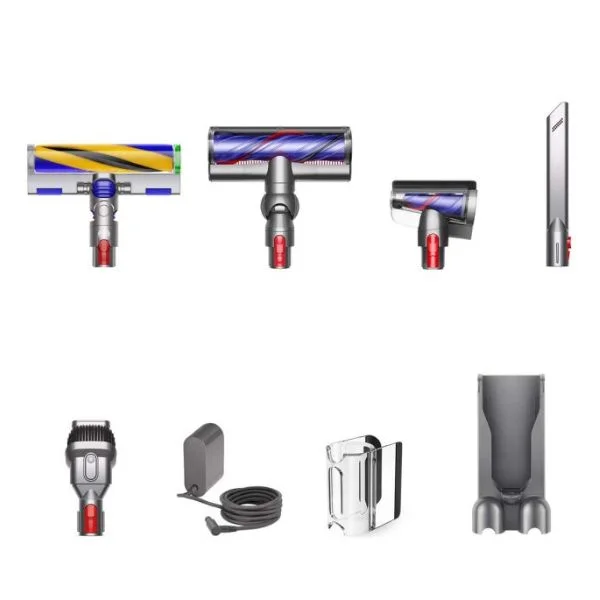 Aerial view of Dyson V12 vacuum attachments.