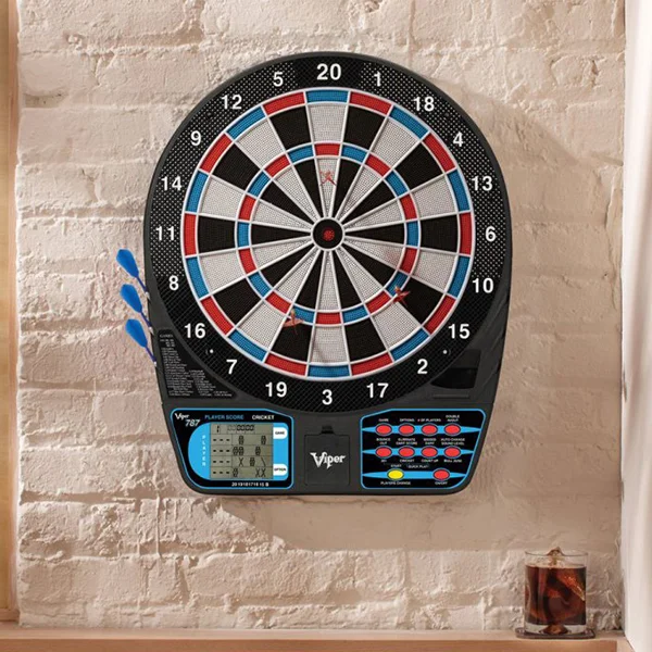 A red and blue dartboard mounted on a brick wall.