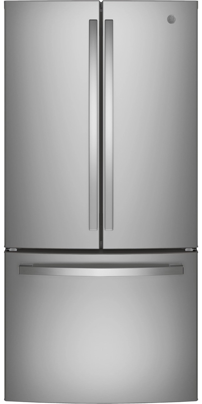 Front view of fingerprint resistant stainless steel counter depth french door refrigerator