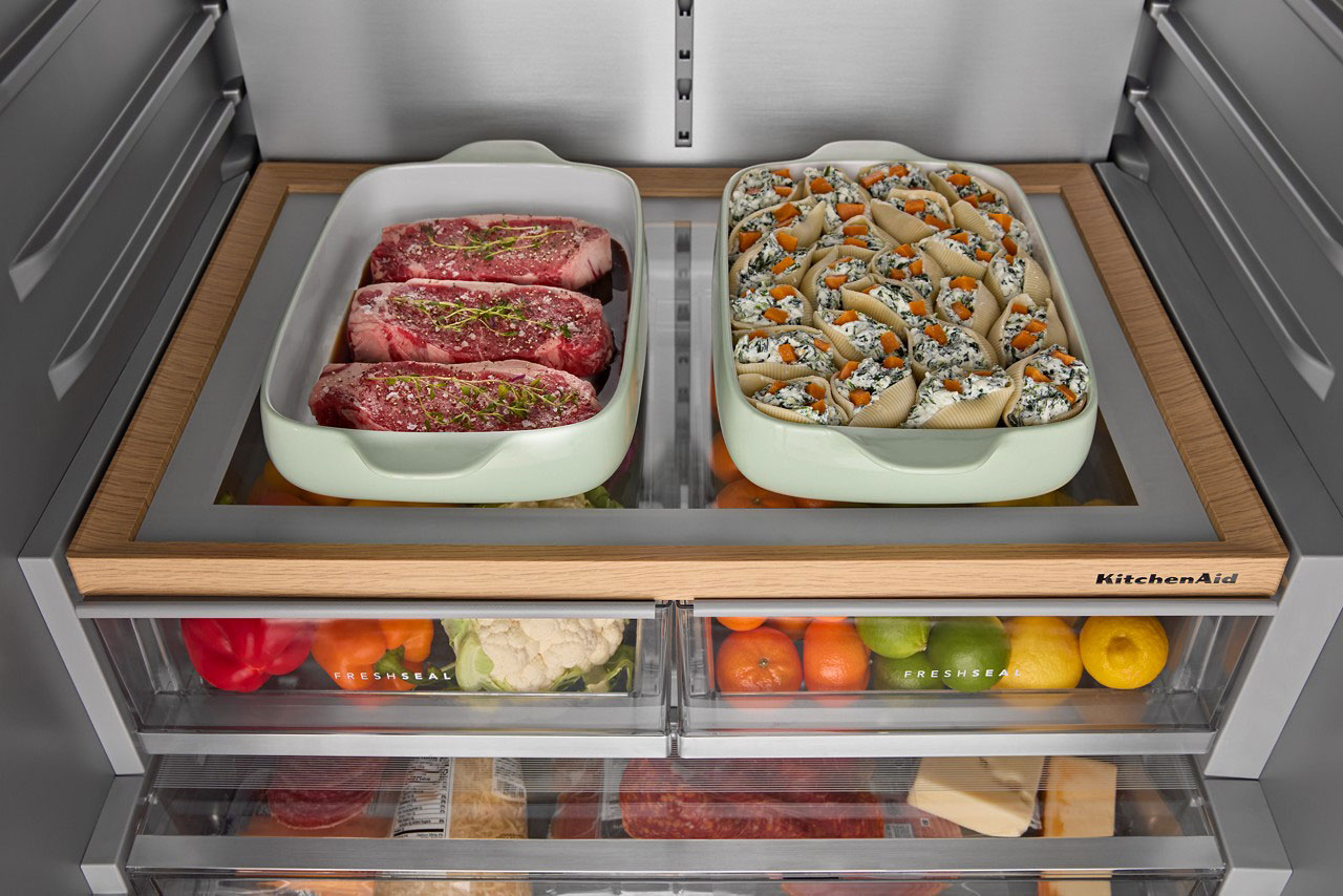 Wood Tray View of KitchenAid Refrigerator