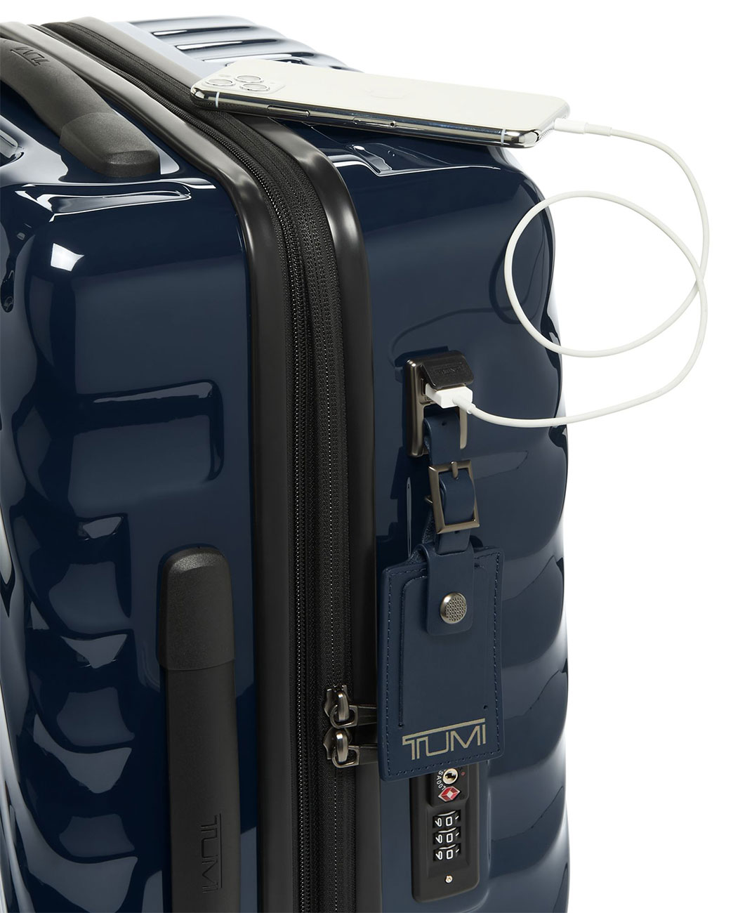 View of the TUMI 19 Degree Navy International Expandable 4 Wheeled Carry-On USB Port