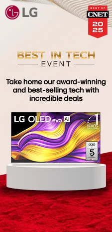 stylized LG banner showcasing a colorful background with red bottom and the best in tech event noted within the image