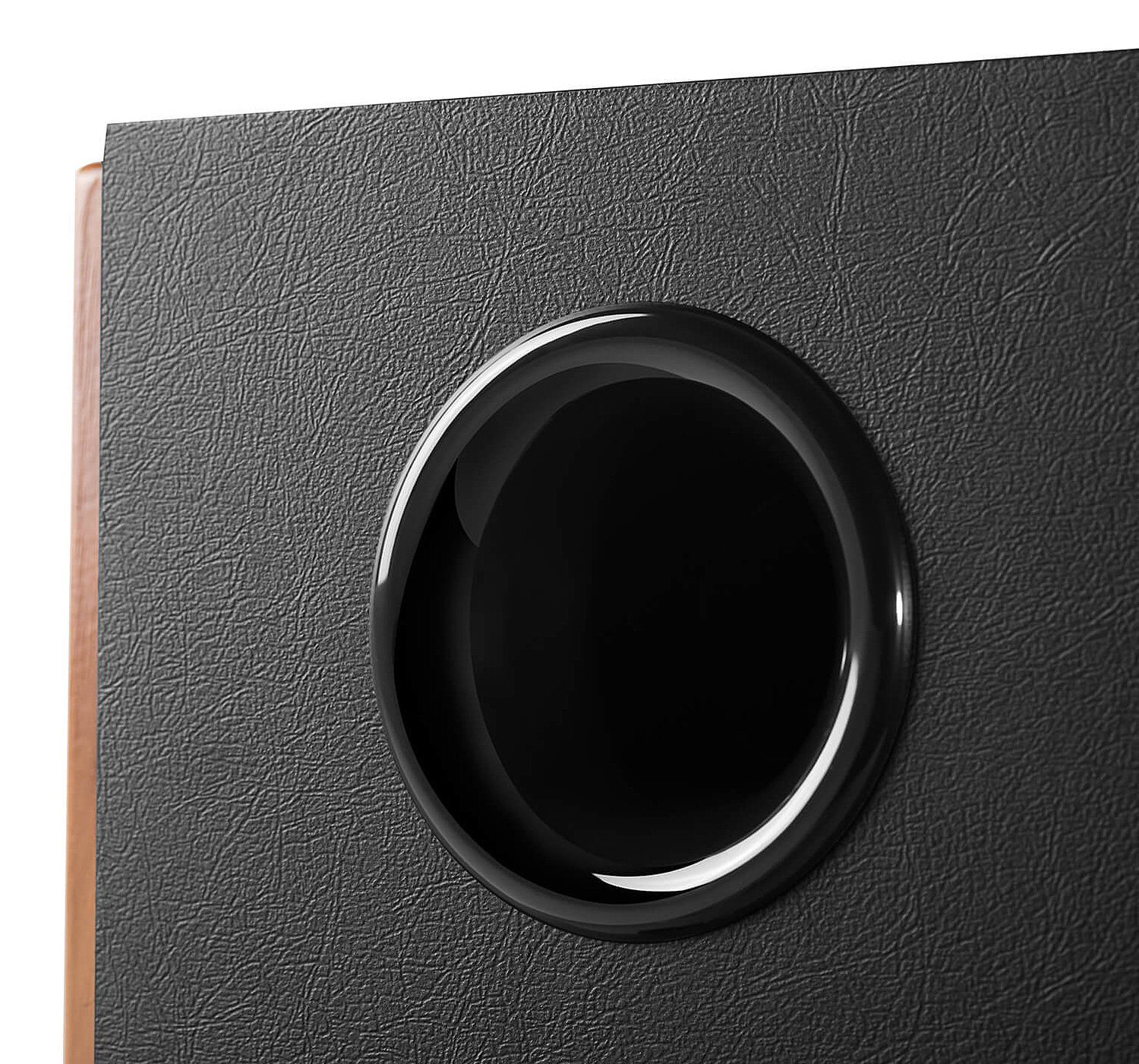 Back Speaker of a Walnut Edifier Walnut Bookshelf Speakers
