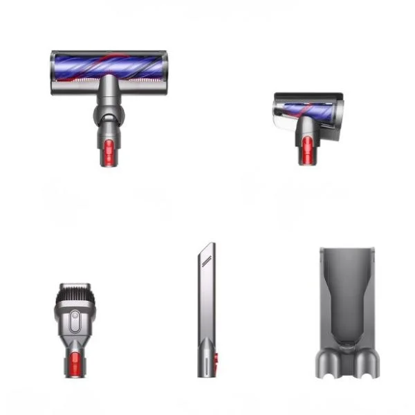 Flat lay of Dyson V8 attachments and wall dock.
