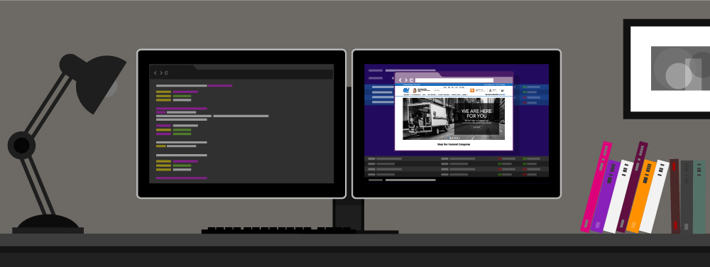 Dual Monitor Buying Guide raphic with two monitors