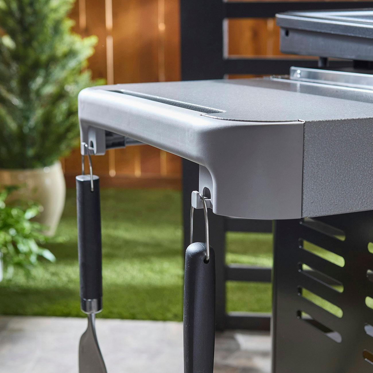View of Weber Liquid Propane Griddle tool hooks