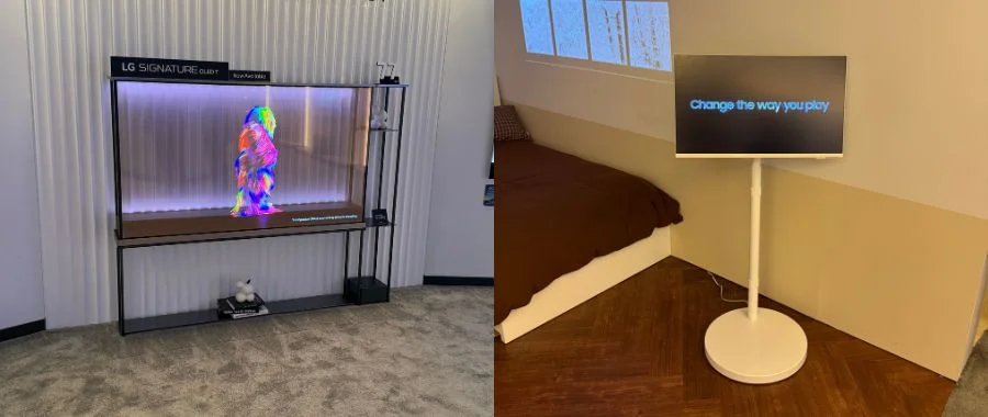 transparent LG TV on a stand