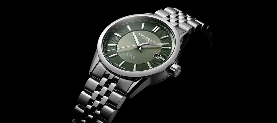 The Raymond Weil Freelancer watch with an olive green dial
