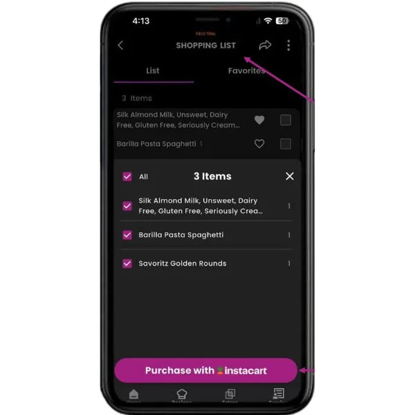 View of the GE SmartHQ app interface with InstaCart syncing.