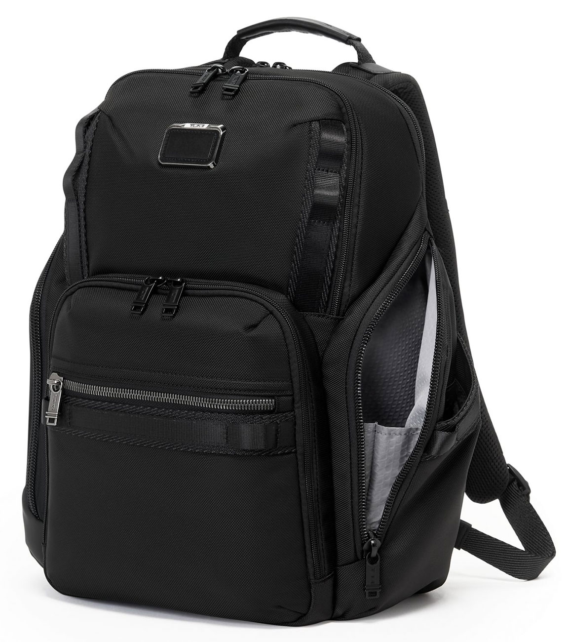 Angled View of the TUMI Alpha Bravo Black Search Backpack
