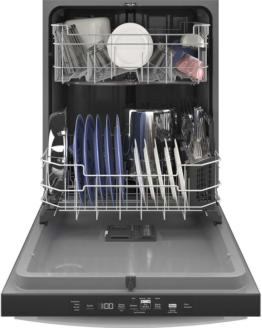 Stainless Steel GE Dishwasher with Dish Racks Full of Clean Dishes