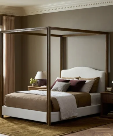 Modern bedroom furniture display featuring a bed and coordinating decor.
