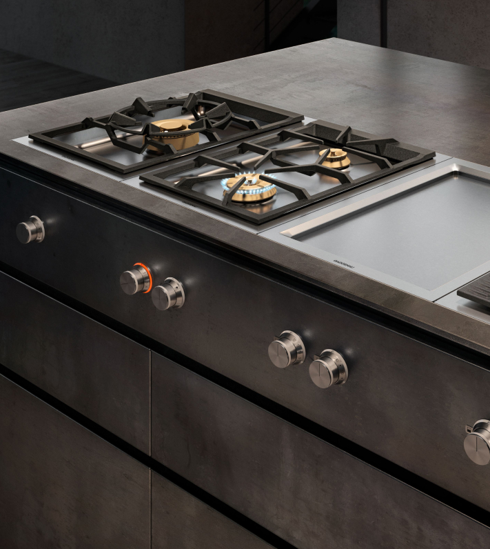 Stylish kitchen featuring a Gaggenau gas cooktop, showcasing modern design and culinary efficiency