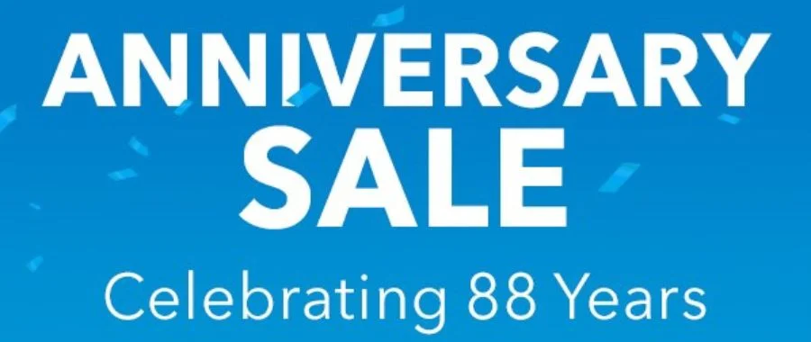 The abt blue background with a sign saying 'Anniversary Sale Celebrating 88 Years' with confetti