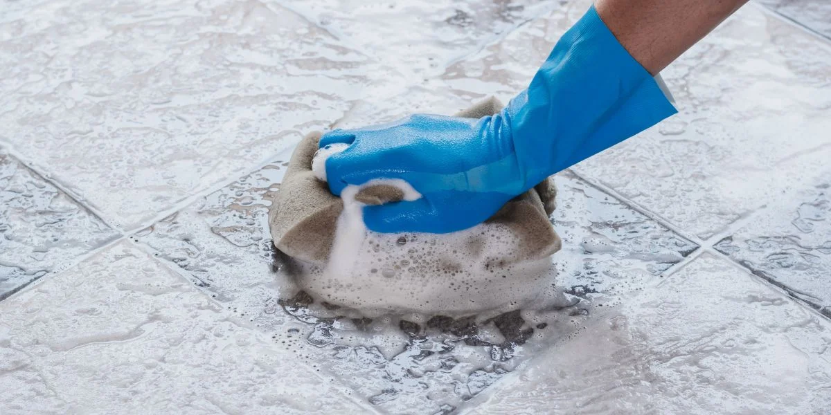 gloved hand cleaning tile with brush