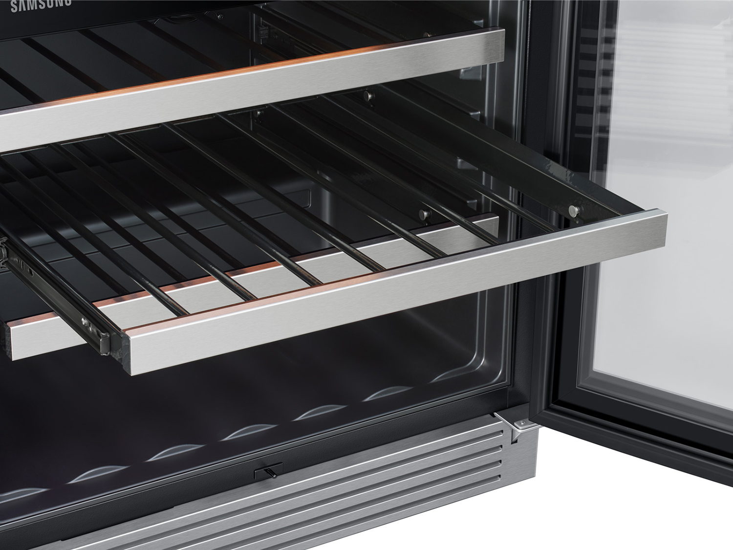 Angle view of cooler rack pulled out with nothing on it.