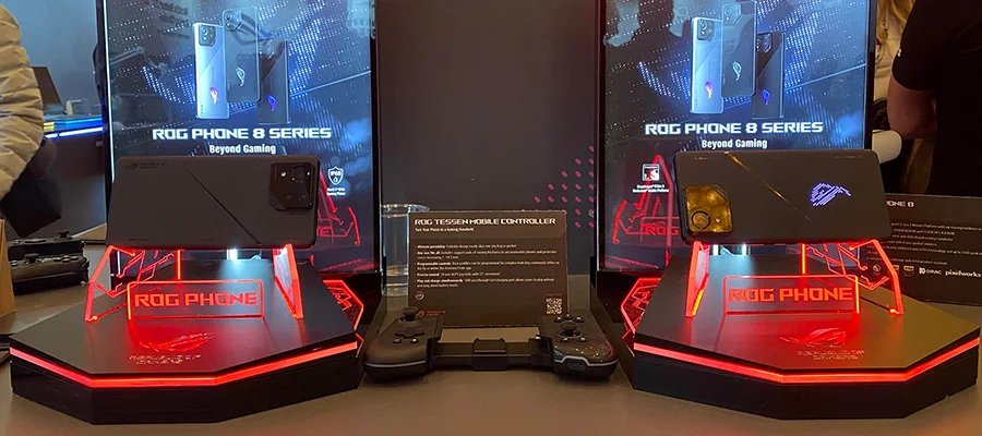 The ASUS ROG Phone 8 series display at CES 2024