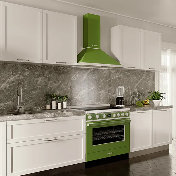 A kitchen with an olive green range and range hood